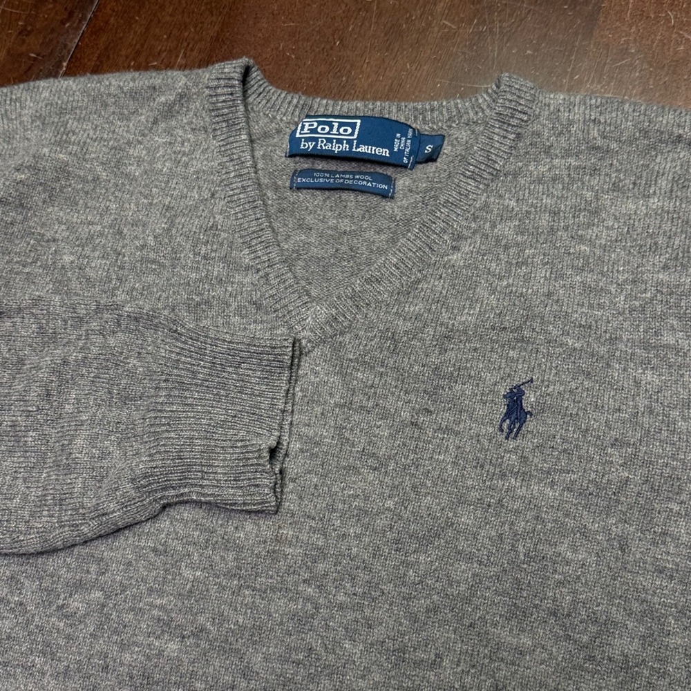 Vtg Polo Ralph Lauren V-Neck Sweater Mens Small Grey 100% Lambswool Pony Logo